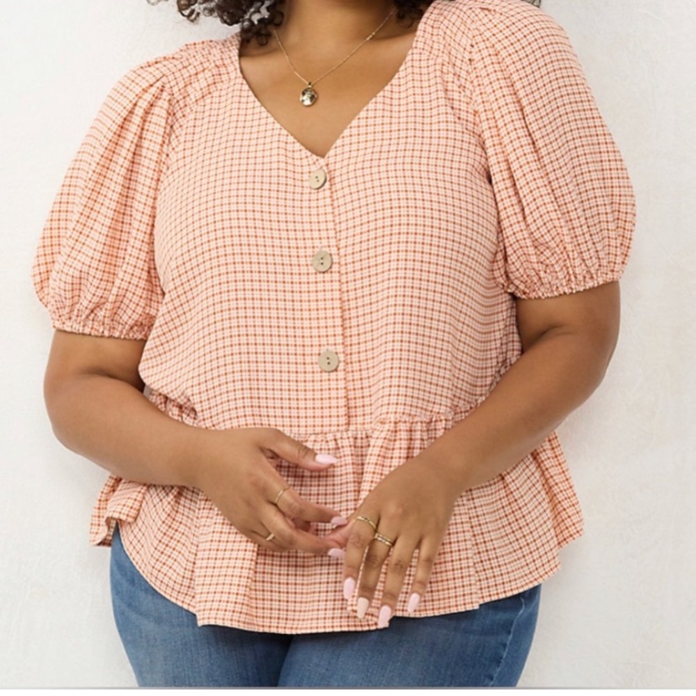Lauren Conrad V Neck Cropped Ruffled Blouse XXL Orange Button Down Peplum Flowy